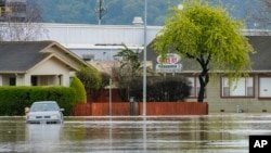 Un vehículo queda atrapado en las aguas de la inundación en Watsonville, California, el 11 de marzo de 2023.